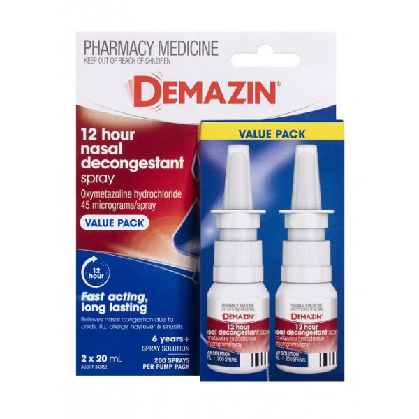 Buy Demazin 12 Hour Nasal Decongestant Spray 20ml Twin Pack Online