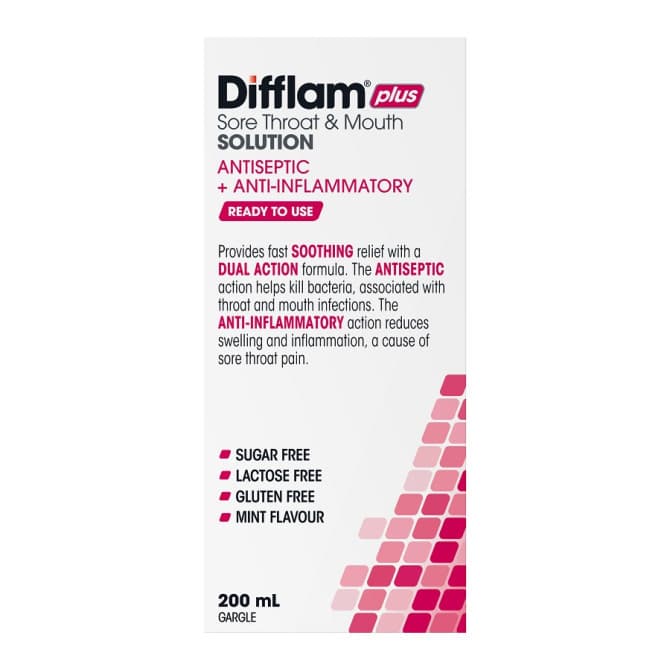 Buy Difflam Plus Ready To Use Sore Throat And Mouth Solution 200ml Online